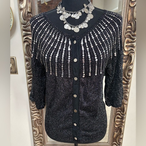 HAROLDS LUXURY BLACK DRESSY CARDIGAN SILVER SEQUINS METALLIC THREAD TOP SZ M - Picture 3 of 11